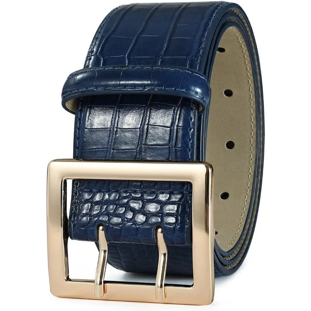 Women Leather Wide Fashion Thick Dress Belt With Gold Buckle Belt Navy Gold